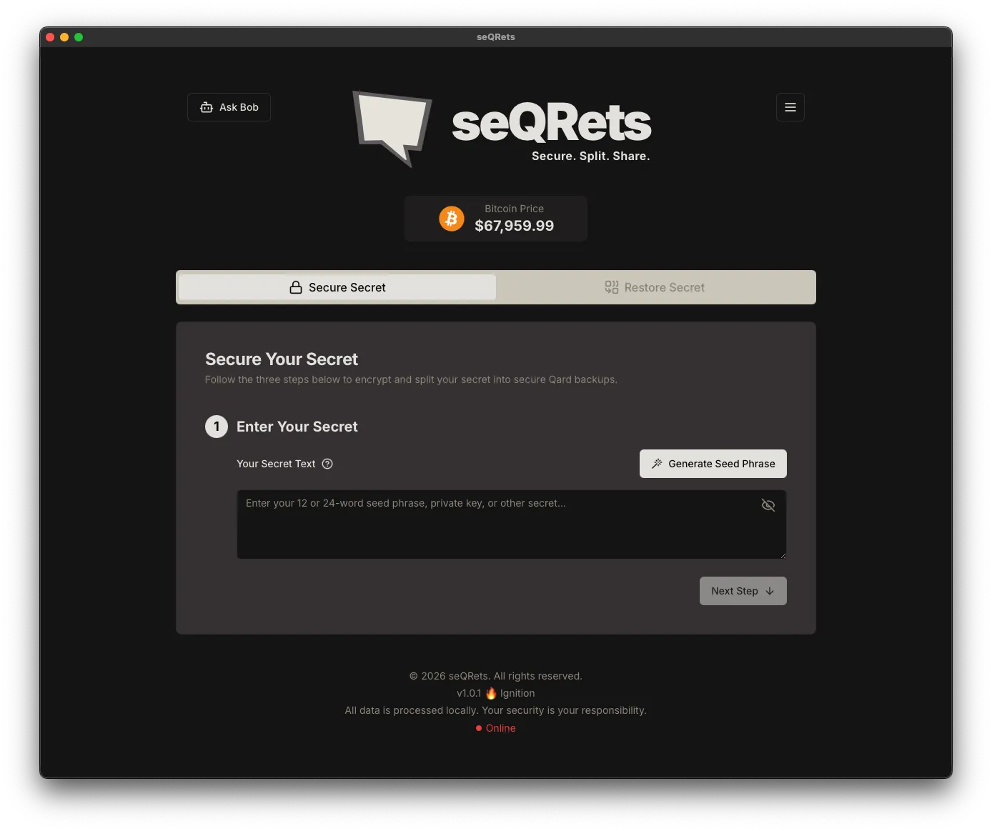 seQRets Desktop — Dark Theme